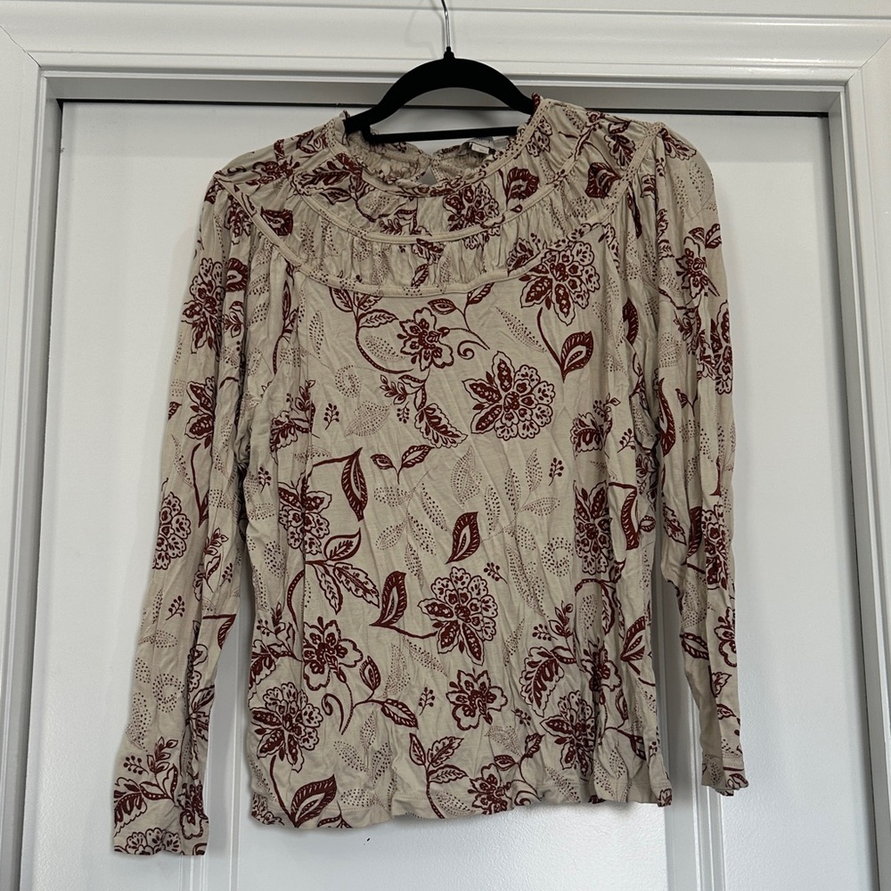 LOFT Beige and Burgundy Floral Blouse